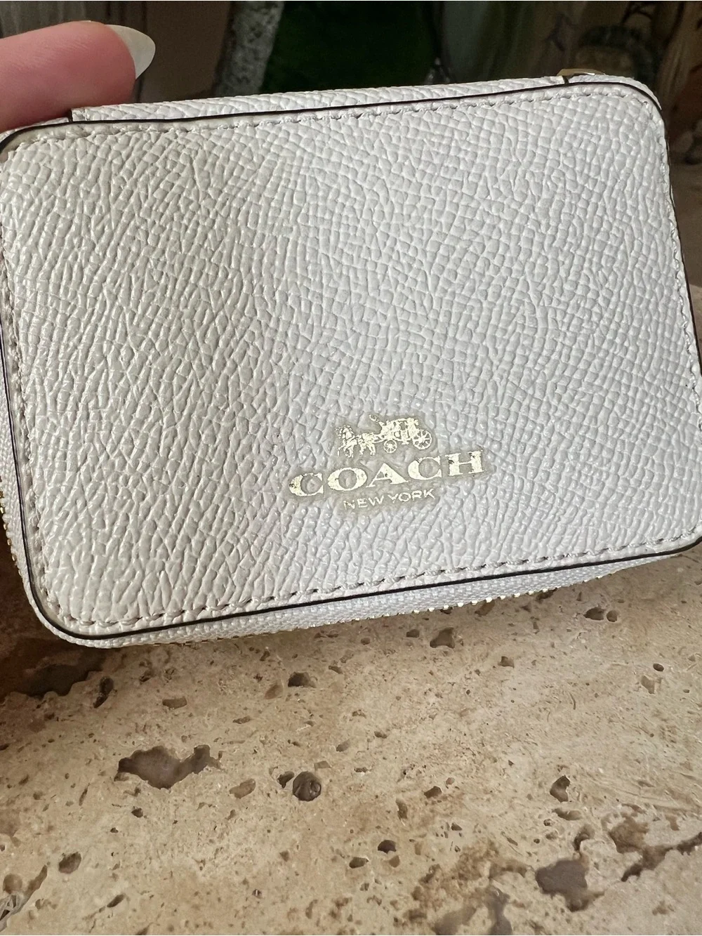 Coach White Pebbled Leather Travel Zip Pill Case with Gold Logo